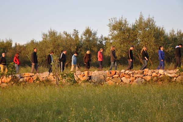 Eine Gruppe des DAO Zentrums geht auf einer Steinmauer in Kroatien